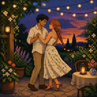 an original couple dancing under string lights in a garden at dusk: a man with short black hair in a linen shirt and a woman with braided red hair in a summer dress