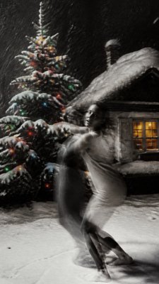 a snow-covered cottage with warm glowing windows beside a decorated pine tree, gentle snowfall, no text
