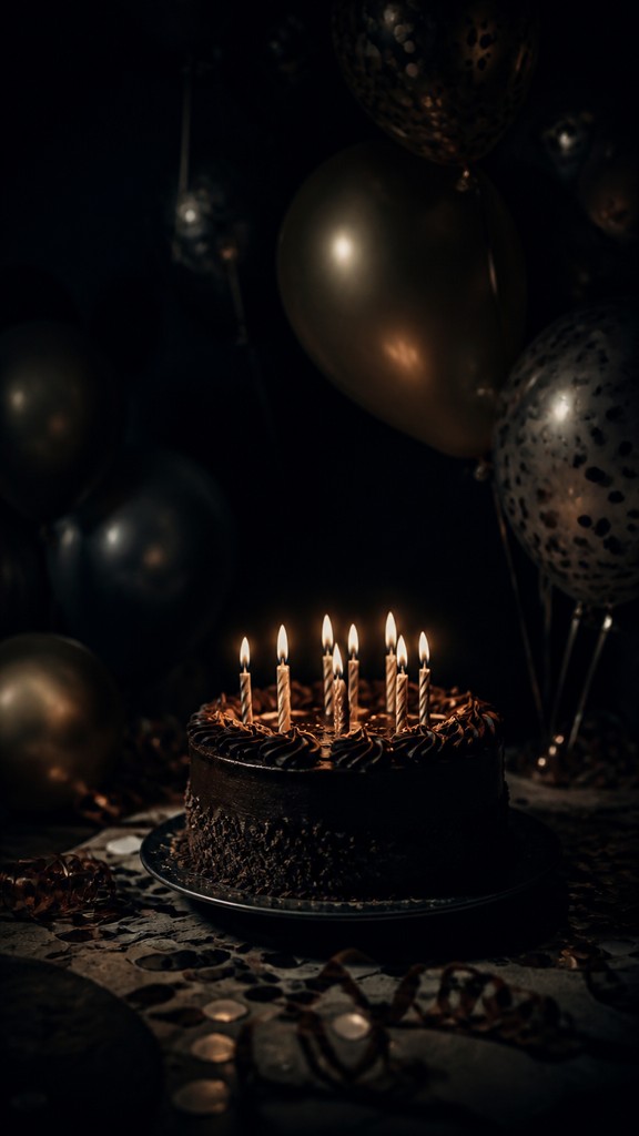 a birthday cake with lit candles surrounded by balloons and confetti, festive vertical composition, no text