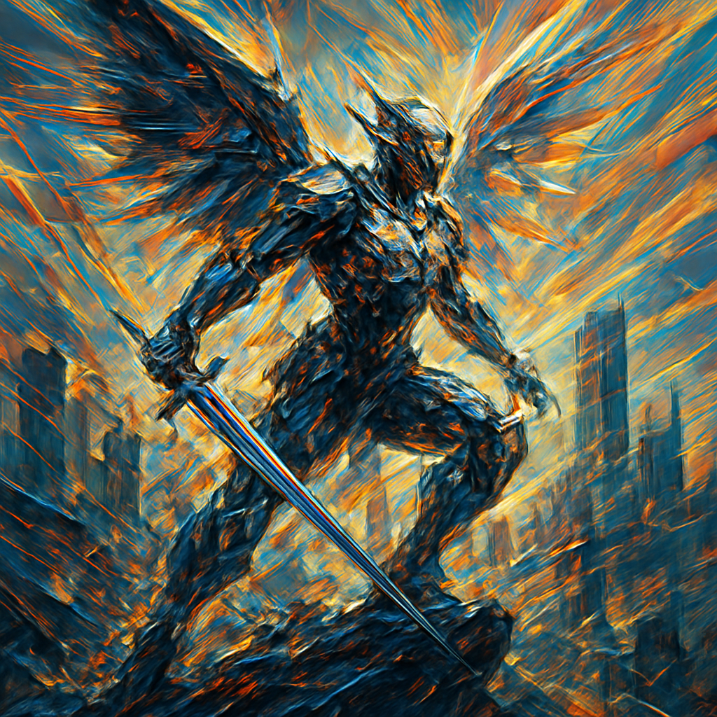 A futuristic cybernetic, dystopian, angel warrior, on a mountain top overlooking a deserted, broken city. Ultra-realistic. Extreme detail.