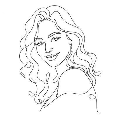 head-and-shoulders portrait of an original character: a young woman with wavy chestnut hair and a warm smile, plain soft backdrop