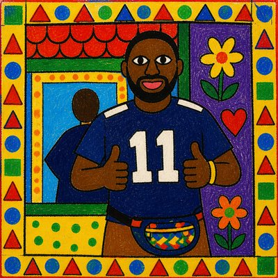 a painting of a man in a blue shirt