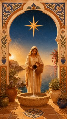 a robed figure pouring water beneath a large eight-pointed star in a night sky, symmetrical composition with an ornate decorative border, no text