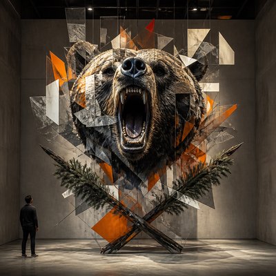 a roaring bear head above crossed pine branches, bold graphic composition on a plain background, no text
