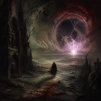 a solitary figure walking toward a glowing horizon across an empty plain, moody atmosphere, no text or lettering