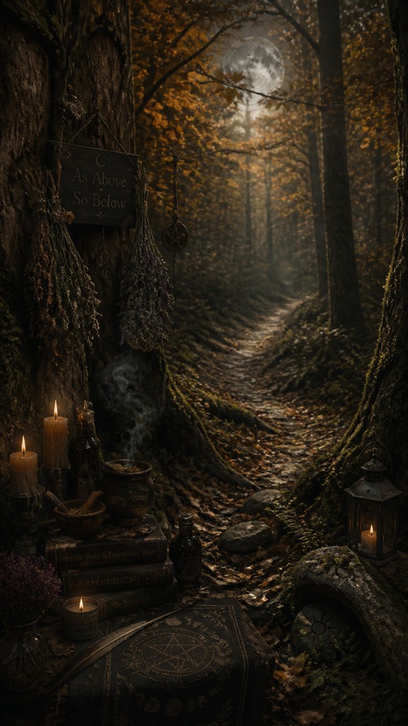 a winding forest path in golden autumn light, no people