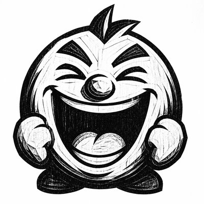 an exaggerated laughing face of an original round mascot character, bold and readable at small size, plain background, no text