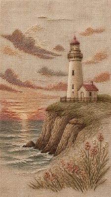 a lone lighthouse on a cliff at dusk under a dramatic sky, no text or lettering