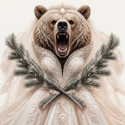 a roaring bear head above crossed pine branches, bold graphic composition on a plain background, no text