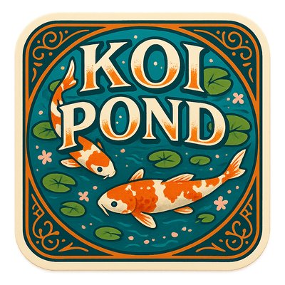 A koi pond seen from above, orange and white koi fish swimming among lily pads, clear water with subtle ripples, fallen cherry blossom petals floating on the surface, dappled sunlight