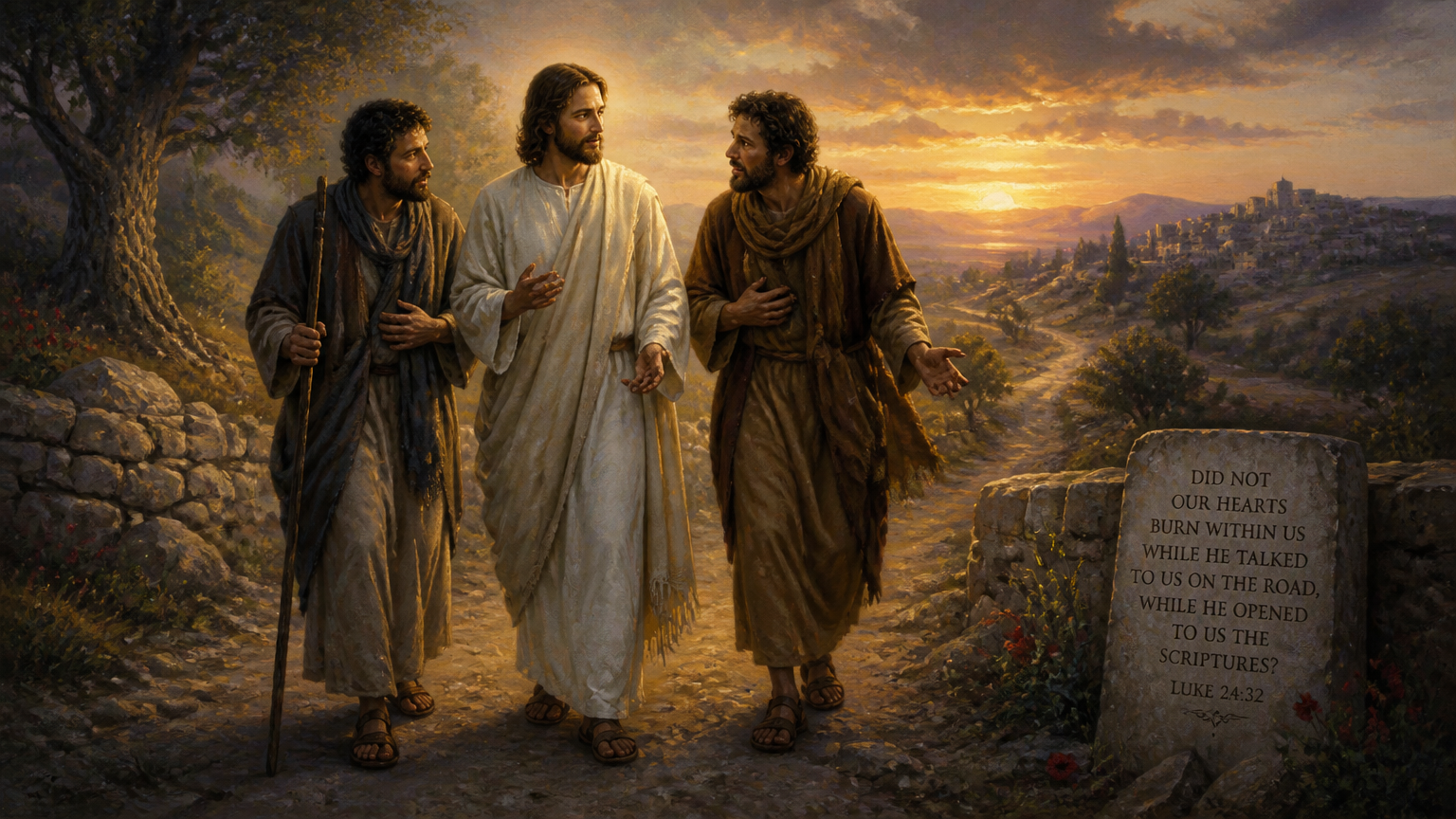 scene: the Lord Jesus speaks to two disciples on the Road to Emmaus.
Caption: “Did not our hearts burn within us while he talked to us on the road, while he opened to us the Scriptures?” (Luke 24:32)