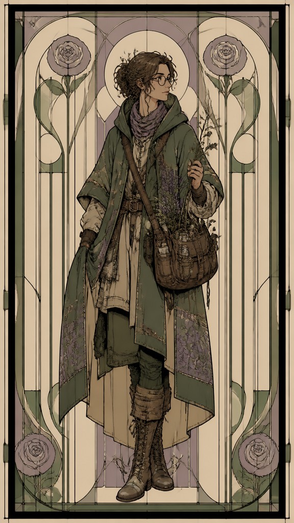 full-body original character: a wandering botanist with a satchel of plants, a patched green cloak, tall boots and round glasses, neutral background