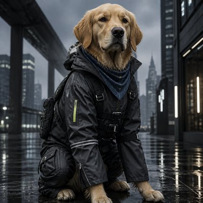 portrait of a golden retriever wearing a blue bandana, warm plain backdrop, no text