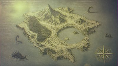 a map of an island realm with mountains, forests, a sheltered bay, sea monsters in the water and a compass rose, no text labels