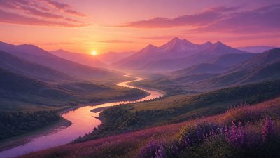 a vast valley with a river winding toward distant mountains at sunrise, no people, no text