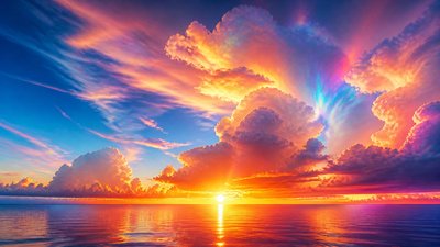 a panoramic ocean horizon with towering clouds at golden hour, no people
