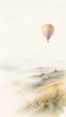 a hot air balloon drifting over rolling flower fields on a sunny day, cheerful, no text