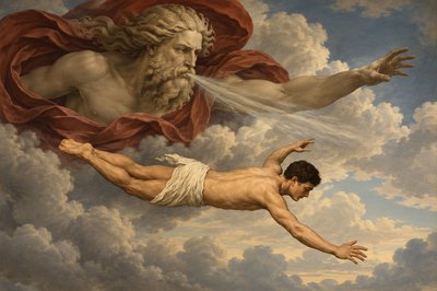 a painting of a man floating in the air