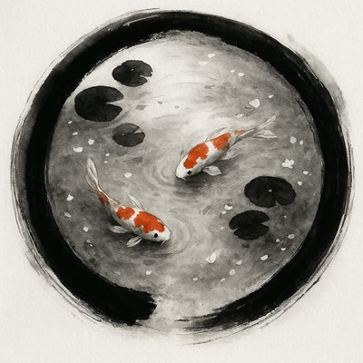 A koi pond seen from above, orange and white koi fish swimming among lily pads, clear water with subtle ripples, fallen cherry blossom petals floating on the surface, dappled sunlight