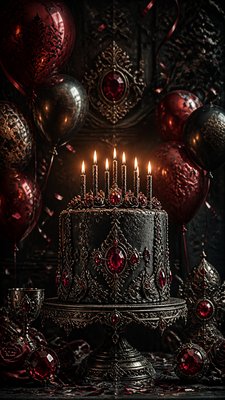 a birthday cake with lit candles surrounded by balloons and confetti, festive vertical composition, no text