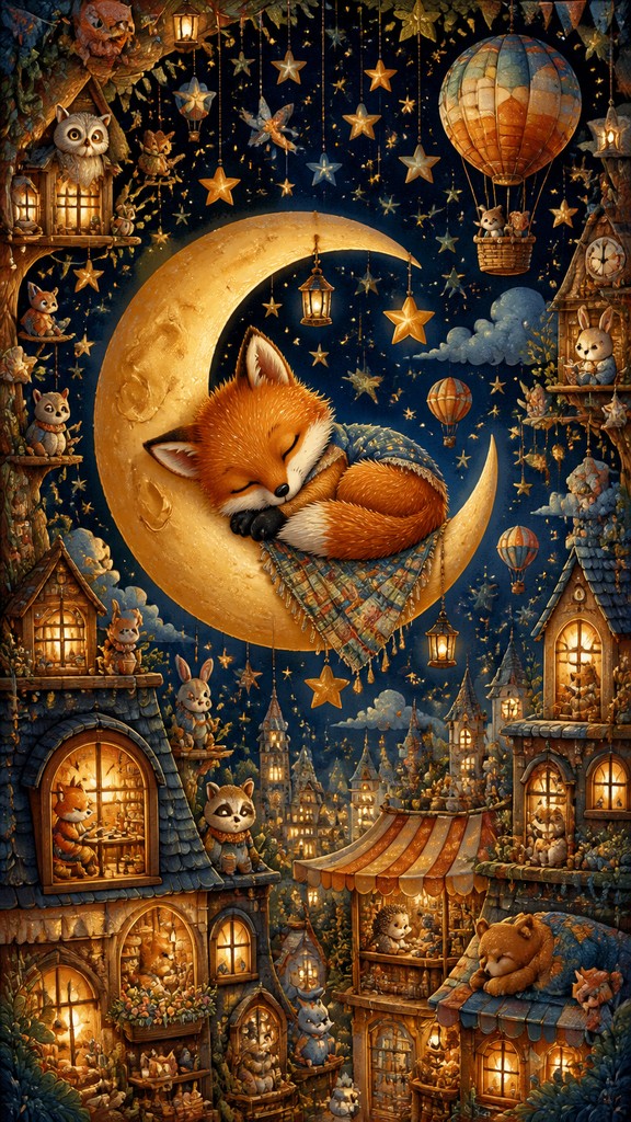 a sleeping baby fox curled on a crescent moon among soft stars, gentle and warm, no text