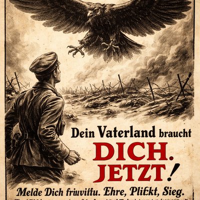           6. Croquis et réalisation à la main

· Titre :
  OFFENSIVE DU KAISER – 1918
. En gros, en rouge, style ancien ou gothique.
· Image principale :
  Un jeune regarde un aigle énorme qui plane sur des tranchées.
· Texte d’accroche :
  Dein Vaterland braucht DICH. JETZT !
  (Ta patrie a besoin de TOI. MAINTENANT !)
· Texte secondaire :
  Melde Dich freiwillig. Ehre, Pflicht, Sieg.
  (Engage-toi volontaire. Honneur, Devoir, Victoire.)
· Infos pratiques :
  Freiwilligenannahme Berlin, Nürnberger Str. 70-71.   5 Mk. tägliche Zulage. Freie Ausrüstung.
· En bas :
  IMPERIALE DRUCKEREI · BERLIN · 1918


Style graphique :

· Noir et blanc + touches de rouge.
· Dessin sérieux, pas de déco inutile.
· texte court et percutant 
