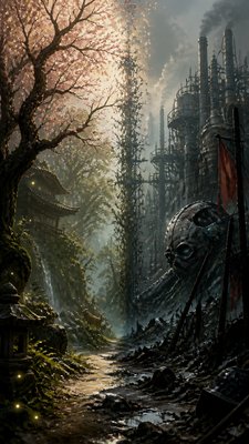 a mysterious forest path with fireflies and drifting mist, atmospheric vertical composition with open space at the top, no text