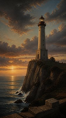 a lone lighthouse on a cliff at dusk under a dramatic sky, no text or lettering