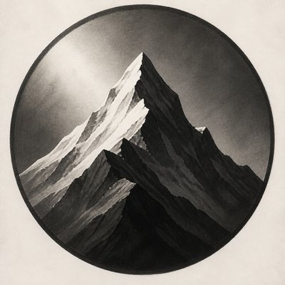 an emblem of a mountain peak inside a circle, simple bold shapes on a plain background, no text or lettering