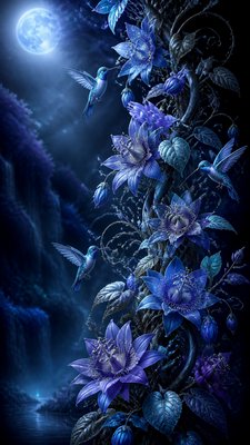 a climbing vine of flowers and hummingbirds on a dark background, tall wrapping composition, no text