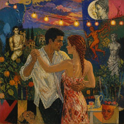 an original couple dancing under string lights in a garden at dusk: a man with short black hair in a linen shirt and a woman with braided red hair in a summer dress