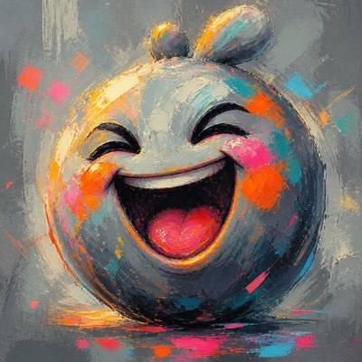 an exaggerated laughing face of an original round mascot character, bold and readable at small size, plain background, no text