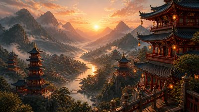 a vast valley with a river winding toward distant mountains at sunrise, no people, no text