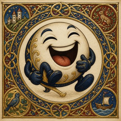 an exaggerated laughing face of an original round mascot character, bold and readable at small size, plain background, no text