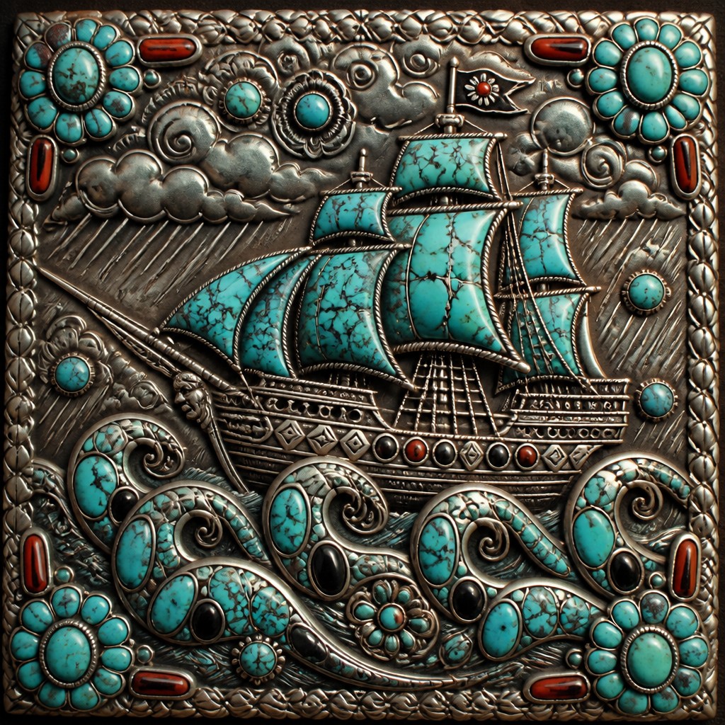 sailing ship on a stormy sea — Southwestern Turquoise Jewelry Style