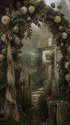 an arch of white roses and eucalyptus in soft morning light, elegant vertical composition with open space, no text