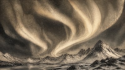a flowing aurora over snowy peaks, wide sweeping composition, no people, no text