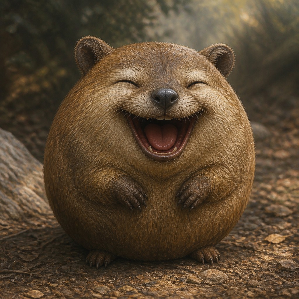 an exaggerated laughing face of an original round mascot character, bold and readable at small size, plain background, no text