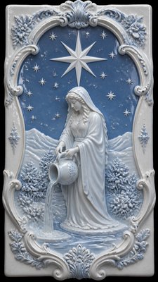 a robed figure pouring water beneath a large eight-pointed star in a night sky, symmetrical composition with an ornate decorative border, no text