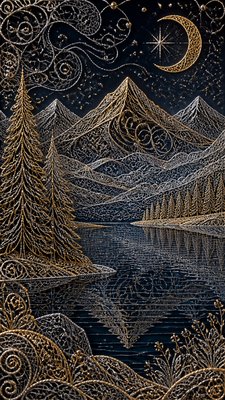 a tranquil mountain lake beneath a starry night sky, no people, no text