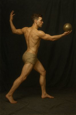 a painting of a man holding a ball
