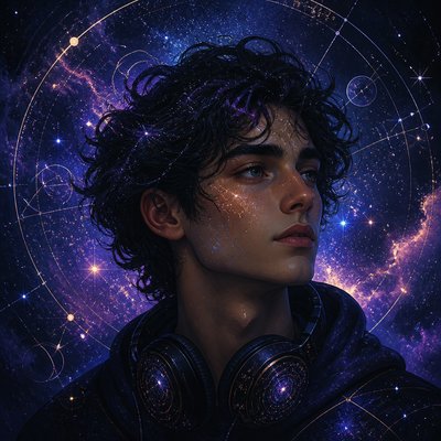head-and-shoulders portrait of an original character: a young man with curly dark hair and headphones around his neck, plain backdrop, no text