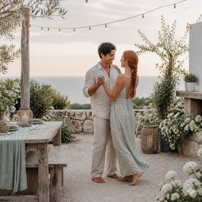 an original couple dancing under string lights in a garden at dusk: a man with short black hair in a linen shirt and a woman with braided red hair in a summer dress