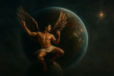 a painting of a man with wings sitting on a globe