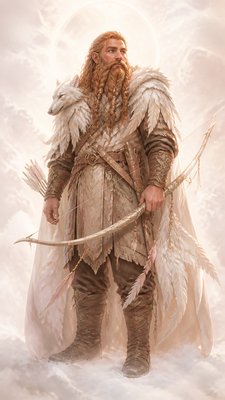 full-body original character: a dwarven ranger with a braided auburn beard, worn leather armor, a longbow and a wolf-pelt cloak, neutral background, no text