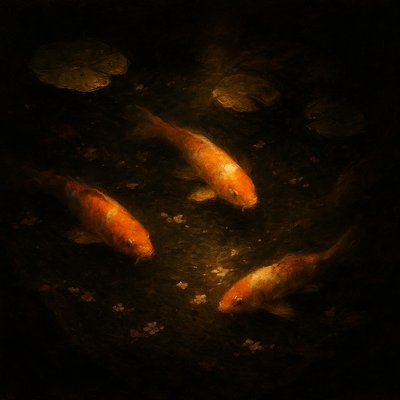 A koi pond seen from above, orange and white koi fish swimming among lily pads, clear water with subtle ripples, fallen cherry blossom petals floating on the surface, dappled sunlight