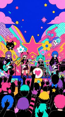 a live music scene with a glowing stage and silhouetted crowd, energetic vertical composition with open space at the top, no text