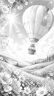 a hot air balloon drifting over rolling flower fields on a sunny day, cheerful, no text