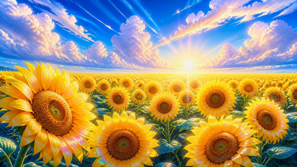 an endless field of sunflowers under summer clouds, no people