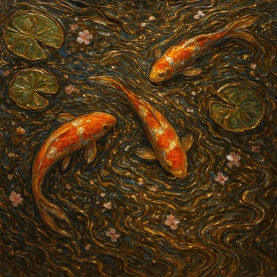 A koi pond seen from above, orange and white koi fish swimming among lily pads, clear water with subtle ripples, fallen cherry blossom petals floating on the surface, dappled sunlight
